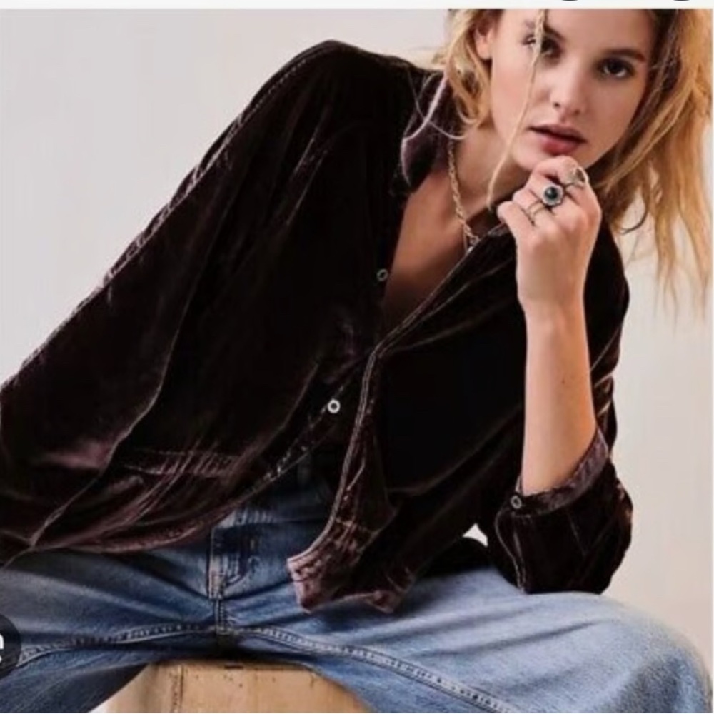 We The Free Rich Brown Velvet Button-Down Shirt